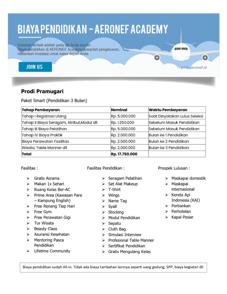 Rincian Biaya Sekolah Pramugari Aeronef