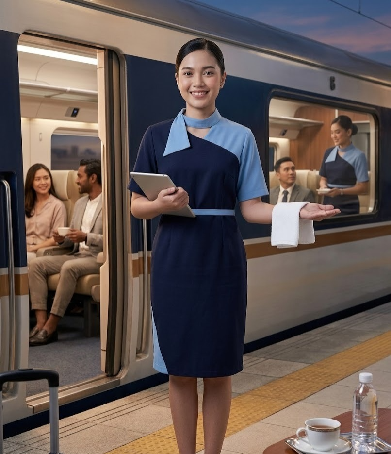 pramugari sedang menunjukkan Tantangan yang Dihadapi Pramugari Kereta Api