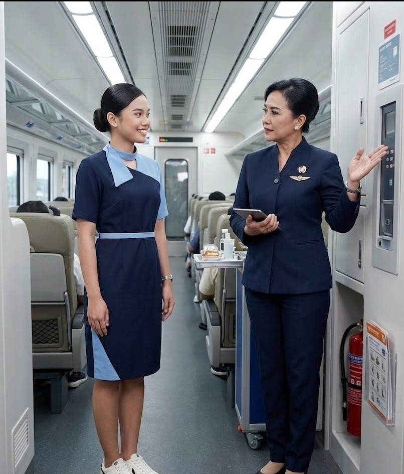 pramugari sedang menunjukkan Jenjang Karier Pramugari Kereta Api di Indonesia